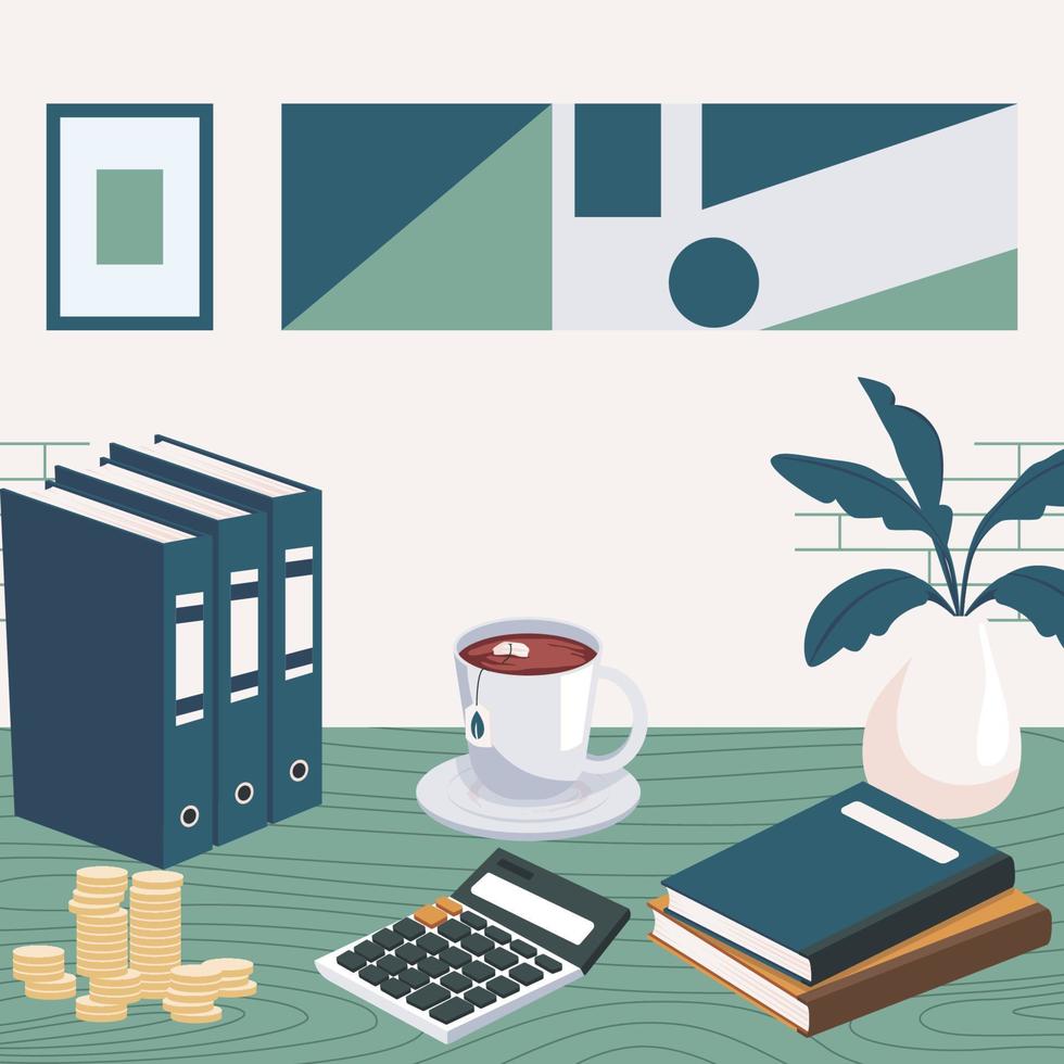 Office desk with ledger book, coin, calculator, file folder and tea cup. Preparation to start work. Flat design vector illustration