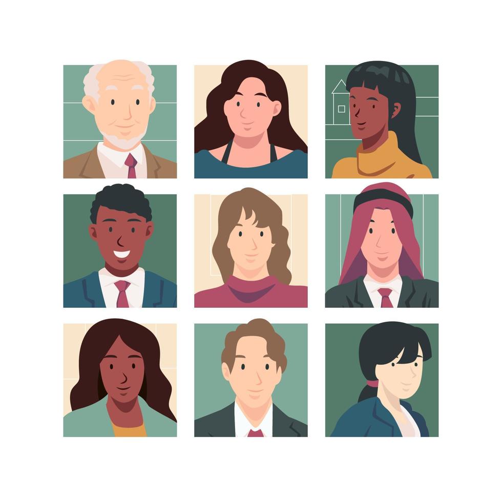 Diverse groups of multinational company business people, entrepreneurs, workers and expatriates head isolated on white background. Flat icon design vector illustration.