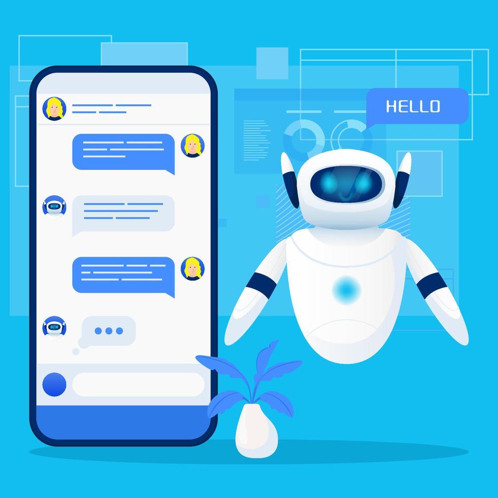 lindo robot de chat, chatbot, mascota de personaje con teléfono inteligente en fondo azul vector
