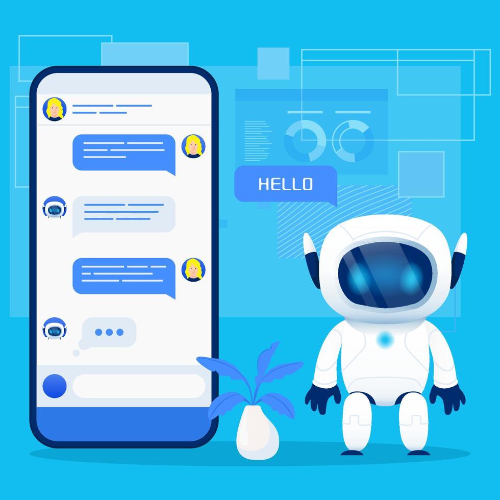 lindo robot de chat, chatbot, mascota de personaje con teléfono inteligente en fondo azul vector