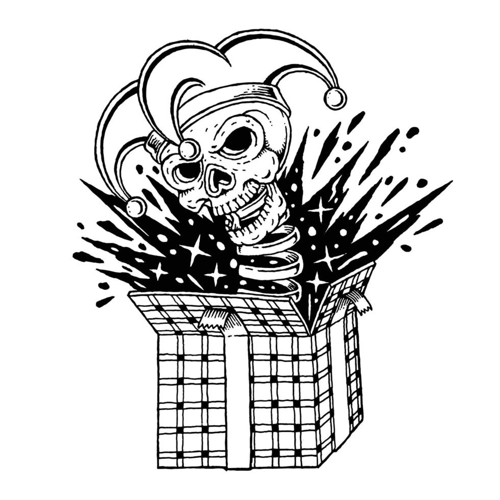 regalo sorpresa de cabeza de calavera dibujada a mano. vector