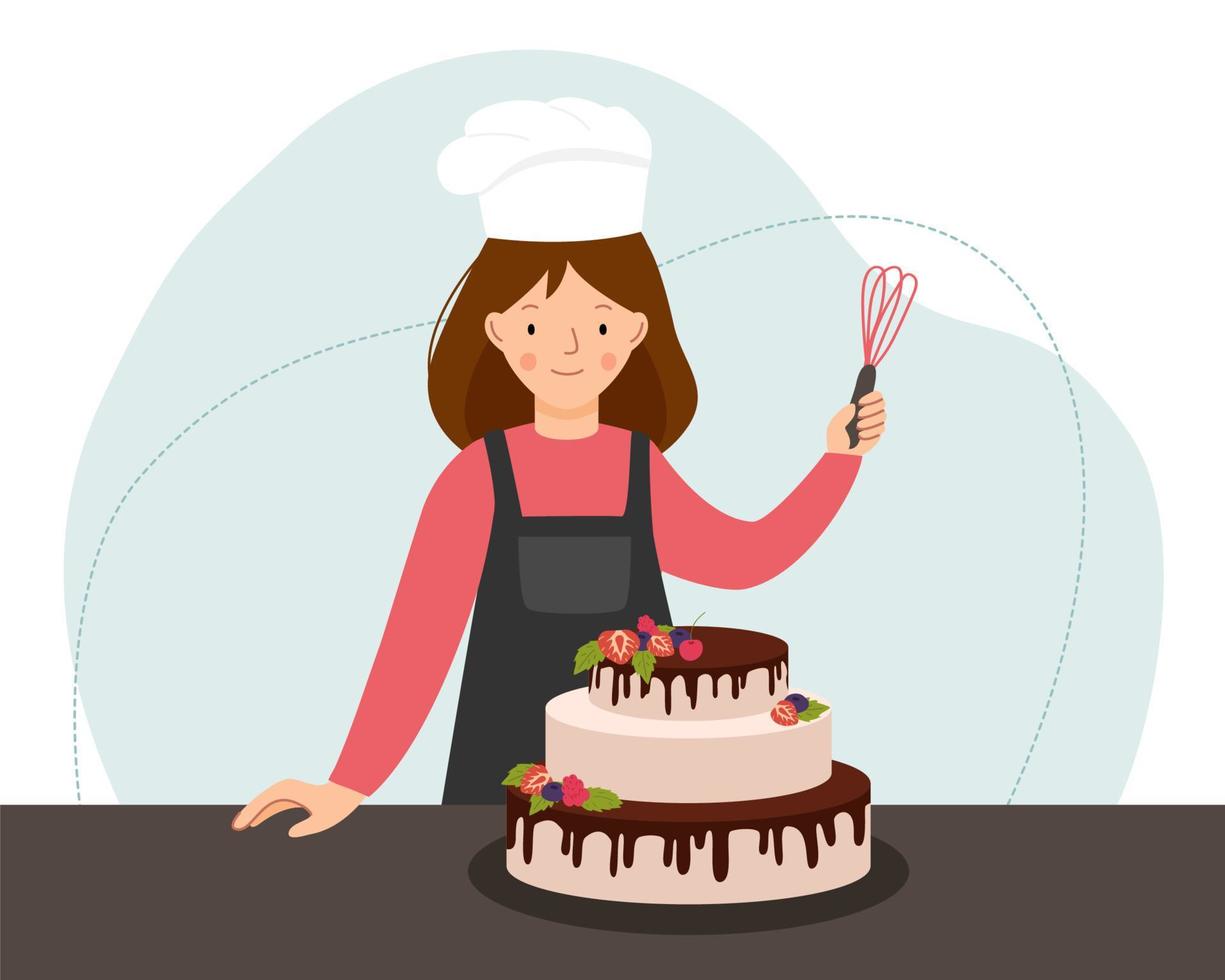 escena vectorial con un cocinero en la cocina. mujer cocinera preparando pastel con bayas. vector