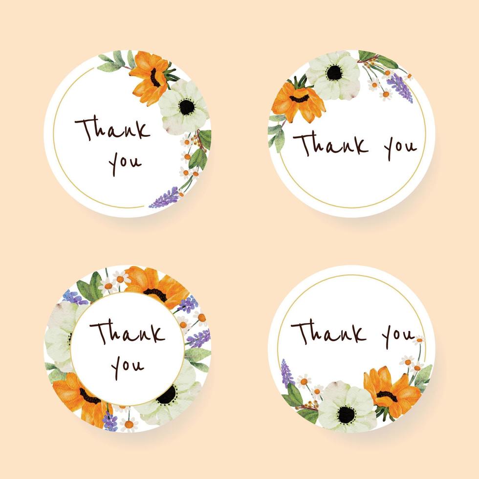 watercolor yellow sunflower and white anemone flower bouquet thank you sticker collection vector