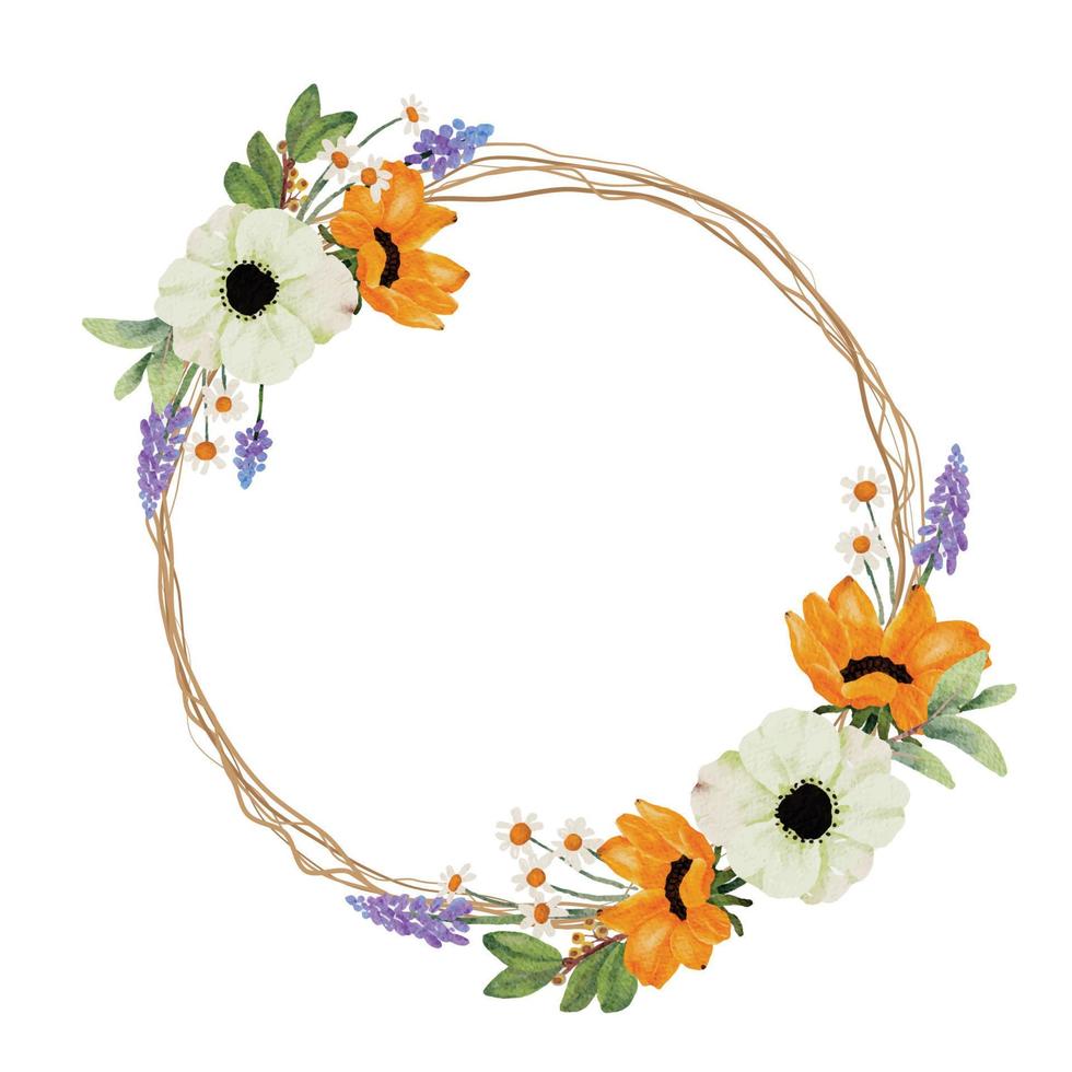 marco de corona de ramo de flores de anémona blanca y girasol amarillo acuarela vector