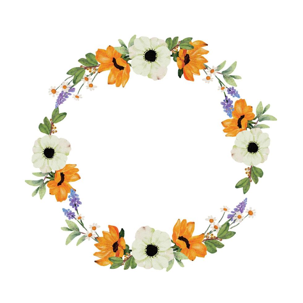 marco de corona de ramo de flores de anémona blanca y girasol amarillo acuarela vector