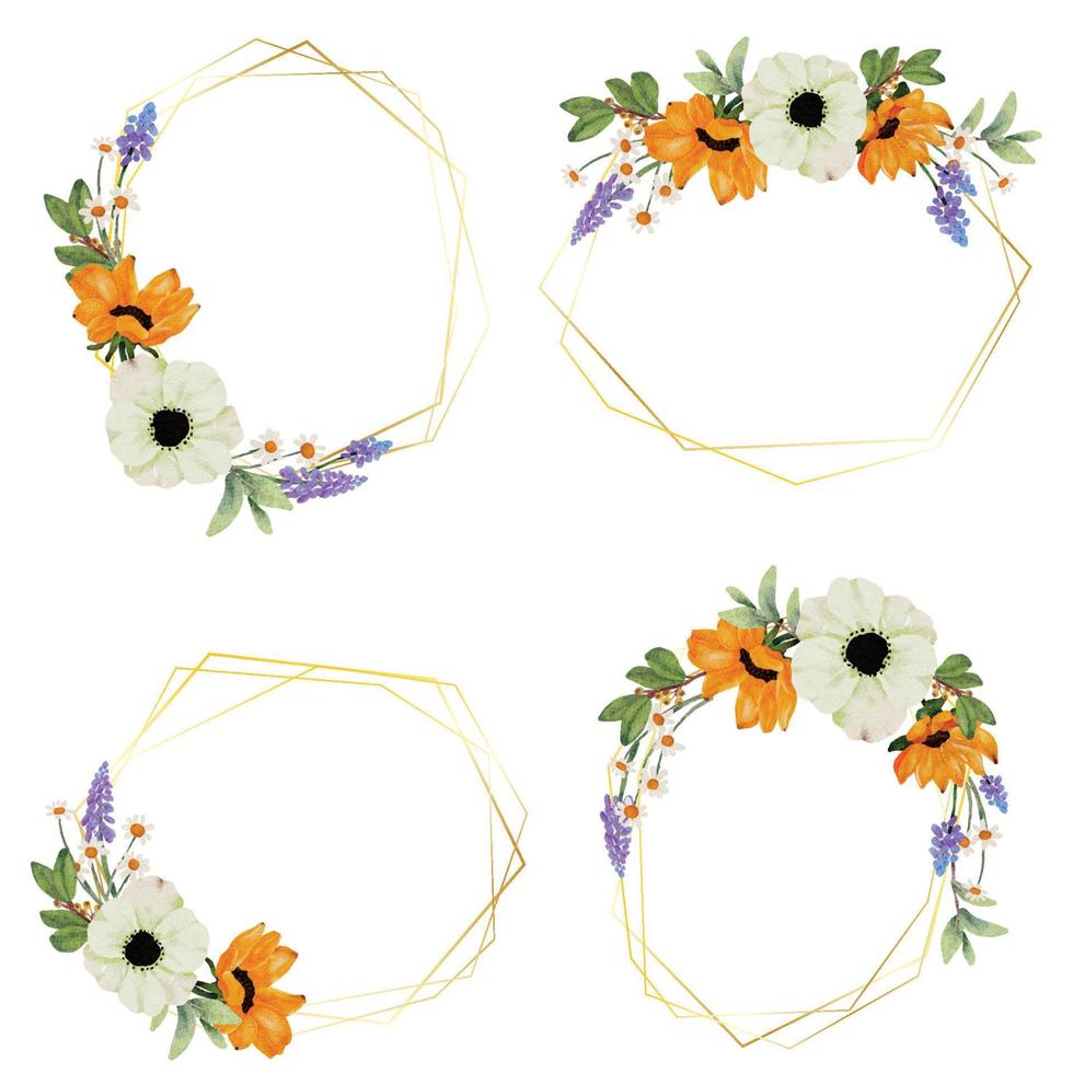 corona de ramo de flores de anémona blanca y girasol amarillo acuarela con colección de marco dorado vector