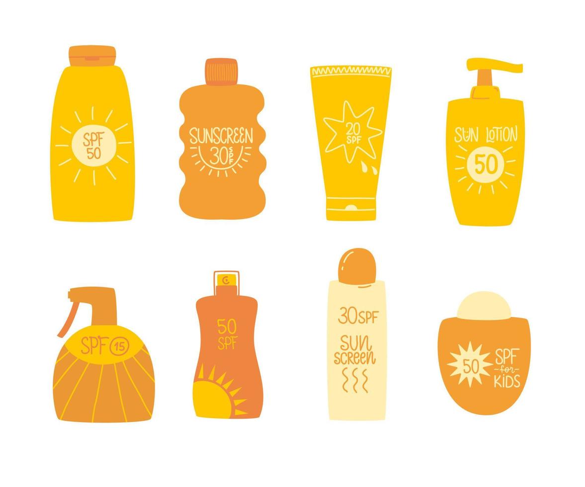 Sunscreen packaging set. Different bottles and tubes vector illustration. Sun creams to protect skin from uv.