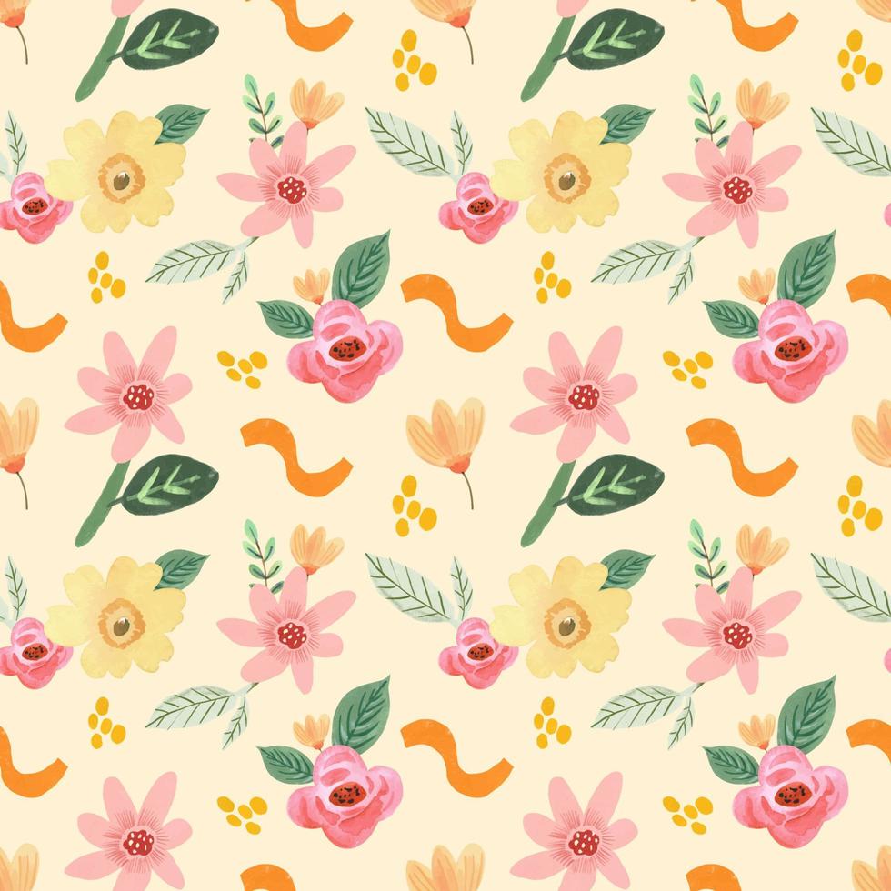 Cute Floral Gouache with Green Background Seamless Pattern vector