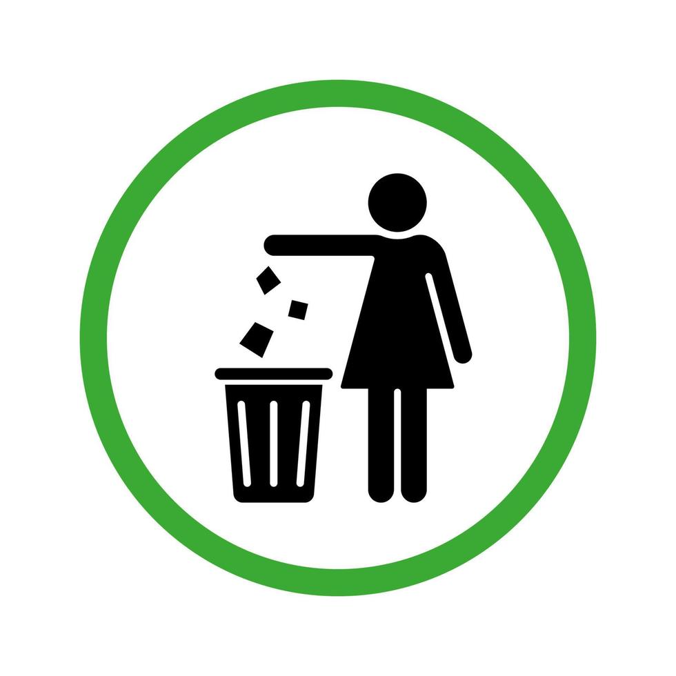 Keep Clean Icon. Allowed Drop Trash in Bin. Throw Litter in Bin Silhouette Green Icon. Disposal Waste Glyph Pictogram. Tidy Woman Throw Rubbish in Can Sign. Isolated Vector Illustration.