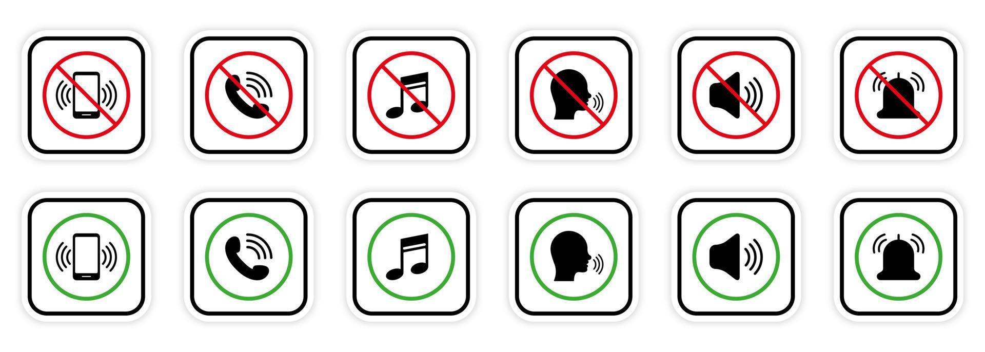 Silence Mute Zone Red Forbidden Round Sign. Warning Ban Noise Rule. Notification Call Black Silhouette Icon Set. Use Phone Speak Loud Allowed Area Green Symbol. Isolated Vector Illustration.