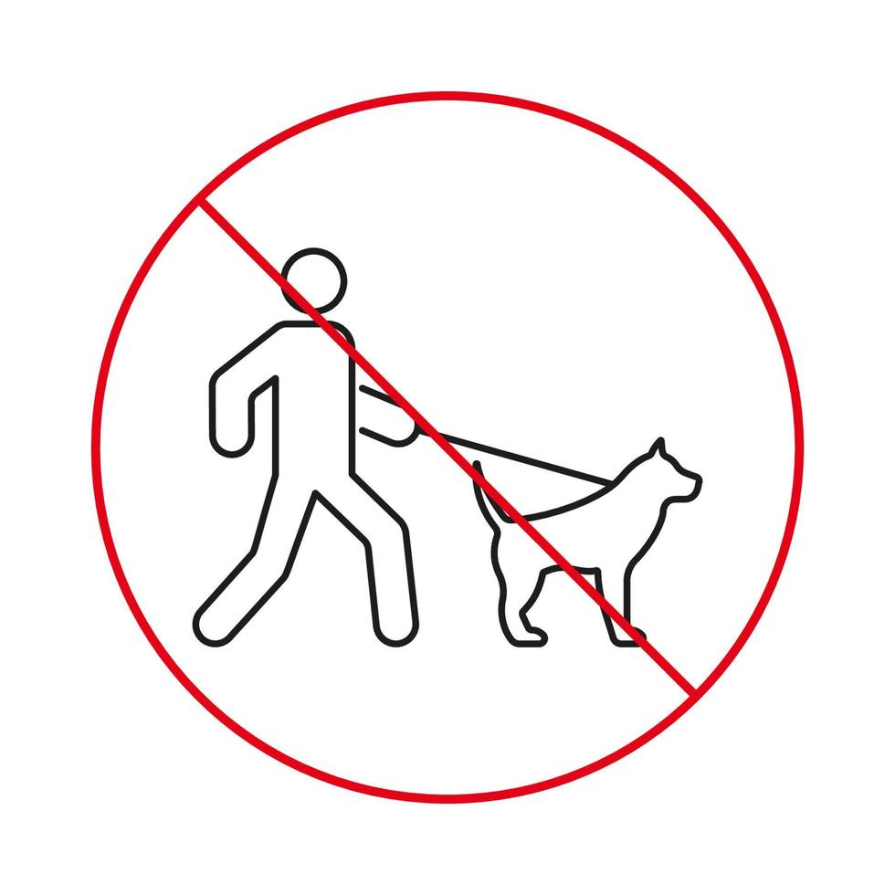 no caminar con correa perro doméstico cachorro prohibición icono de línea negra. el hombre camina con el pictograma del contorno del perro. prohibir a la persona caminante con el símbolo de perro mascota mamífero. ilustración vectorial aislada. vector