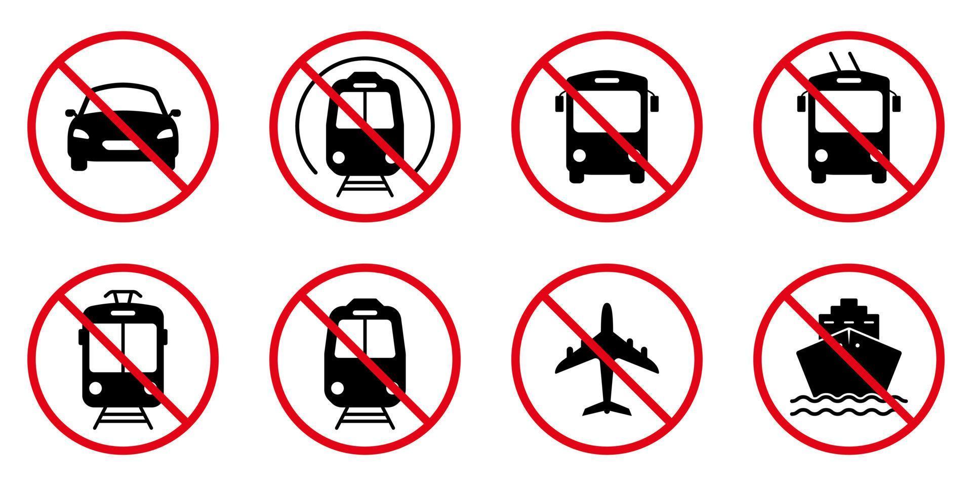 Prohibited Transport Station Black Silhouette Icon Set. Forbidden Train, Trolley, Car, Motorcycle, Tram, Bicycle, Plane, Bus, Ship Pictogram. Road Red Stop Circle Symbol. Isolated Vector Illustration.