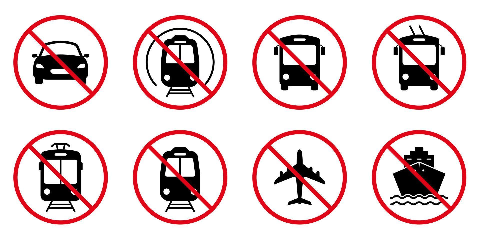 conjunto de iconos de silueta negra de la estación de transporte prohibido. tren prohibido, trolebús, automóvil, motocicleta, tranvía, bicicleta, avión, autobús, pictograma de barco. símbolo de círculo de parada roja de carretera. ilustración vectorial aislada. vector