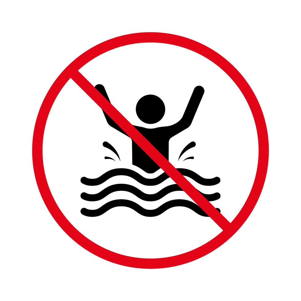 Precaución ahogar el icono de silueta negra del hombre. alerta no permitido buceo nadar. advertencia rescate hundimiento en agua símbolo de parada roja. atención prohibir zona de baño. icono de riesgo de vida. ilustración vectorial aislada. vector