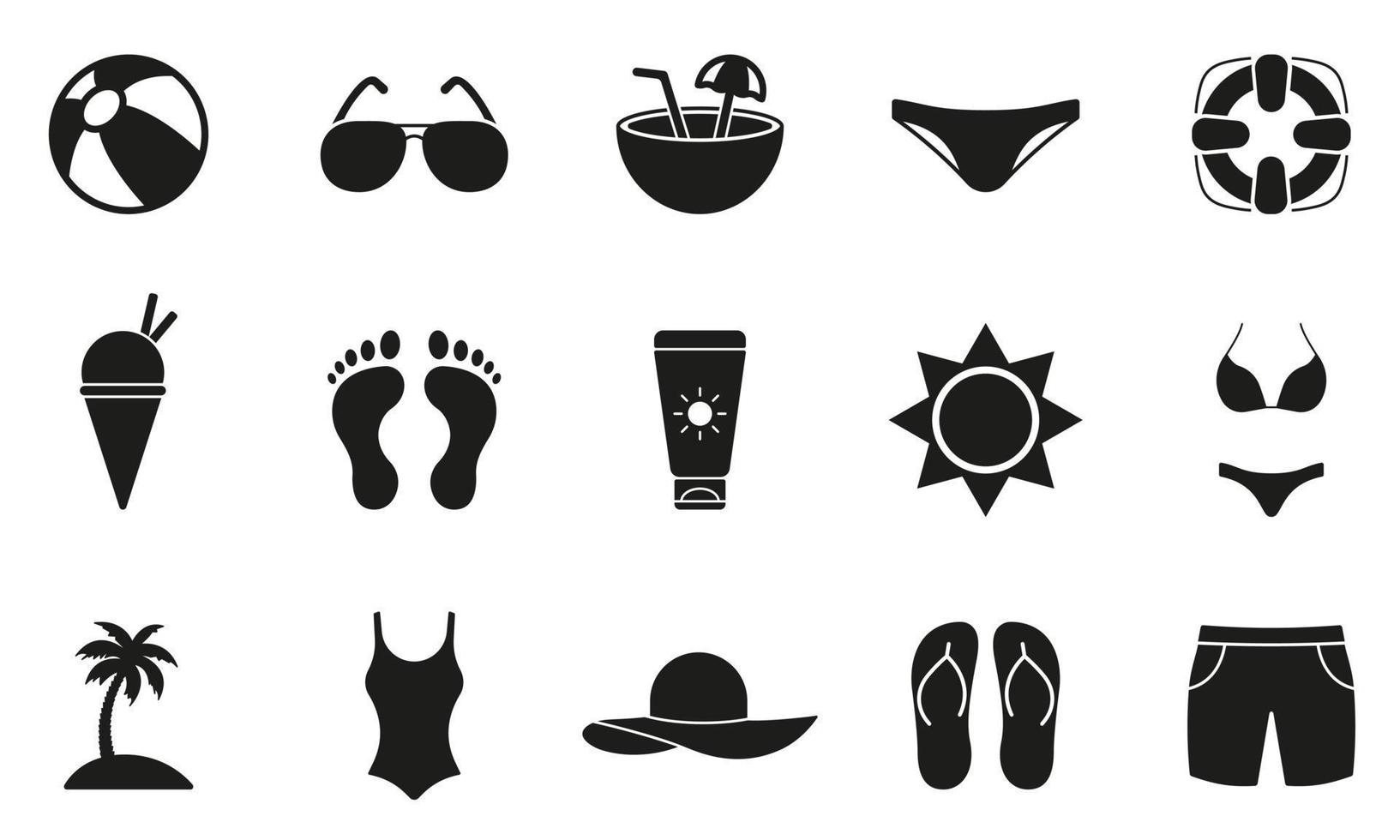 Summer Swim Wear Black Silhouette Icon. Glyph Pictogram. Summer Swimwear for Women and Men Flat Symbol. Swimsuit Hat Cocktail Flip Flop Sun Glasses Sunscreen Palm. Isolated Vector Illustration.