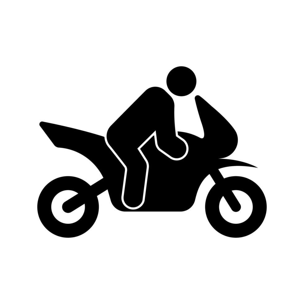 motociclista en el icono de la silueta negra del ciclo de moto. motorista rápido con motocicleta en pictograma de glifo de carrera. símbolo plano de moto de conducción de jinete. señal de motocross. transporte motorizado ilustración vectorial aislada. vector