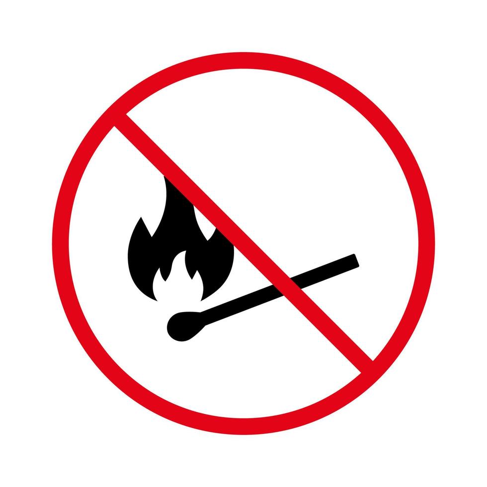 Pictograma de fósforo de calor prohibido. Prohibir quemar el icono de la silueta negra del palo de fósforo. símbolo de parada roja de fósforo. no se permite el signo de fuego de palo de partido de peligro. llama prohibida. ilustración vectorial aislada. vector