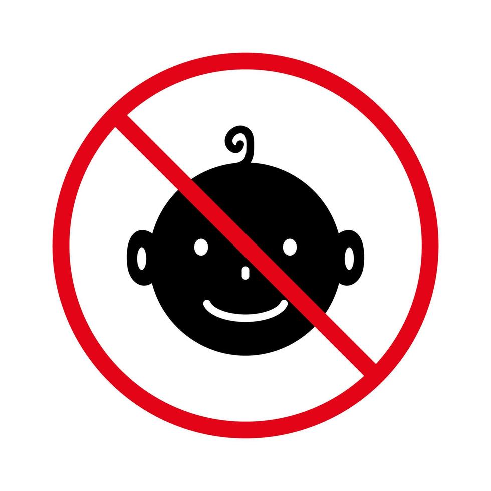 Precaución cara de bebé pequeño icono de silueta negra de prohibición. prohibir el juego de peligro para el pictograma infantil. símbolo de círculo de parada roja para niños. advertencia de que no se permite el signo de los niños. bebé prohibido. ilustración vectorial aislada. vector