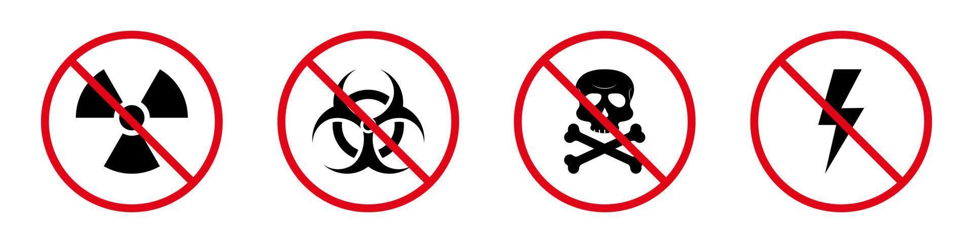 Toxic Bio Hazard Waste Forbid Pictogram Set. Biohazard Red Stop Symbol. Danger Area Black Silhouette Icon. No Allowed Electricity Lightning Sign. Radiation Zone Prohibit. Isolated Vector Illustration.