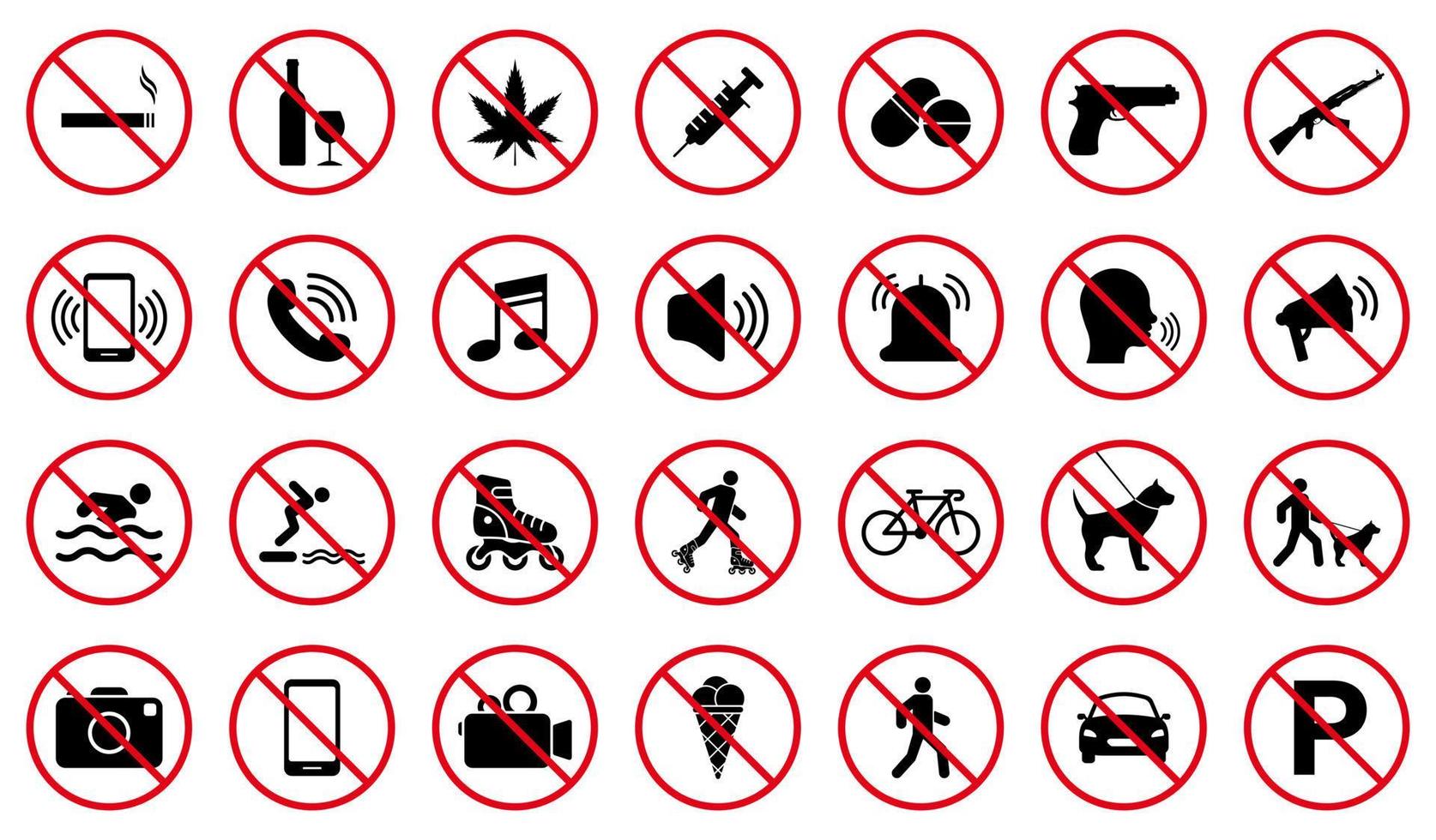 Forbidden Pictogram Set. Attention Restriction Zone Black Silhouette Icon. Caution Red Stop Circle Symbol. Warning No Allowed Round Sign. Prohibited Ban Collection. Isolated Vector Illustration.