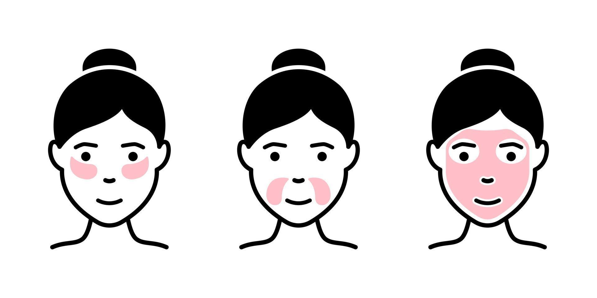 mujer con parche de gel ocular e icono de silueta de máscara. parche debajo de los ojos y la boca, pictograma de máscara de belleza facial. icono de procedimiento antienvejecimiento cosmético facial. ilustración vectorial aislada. vector