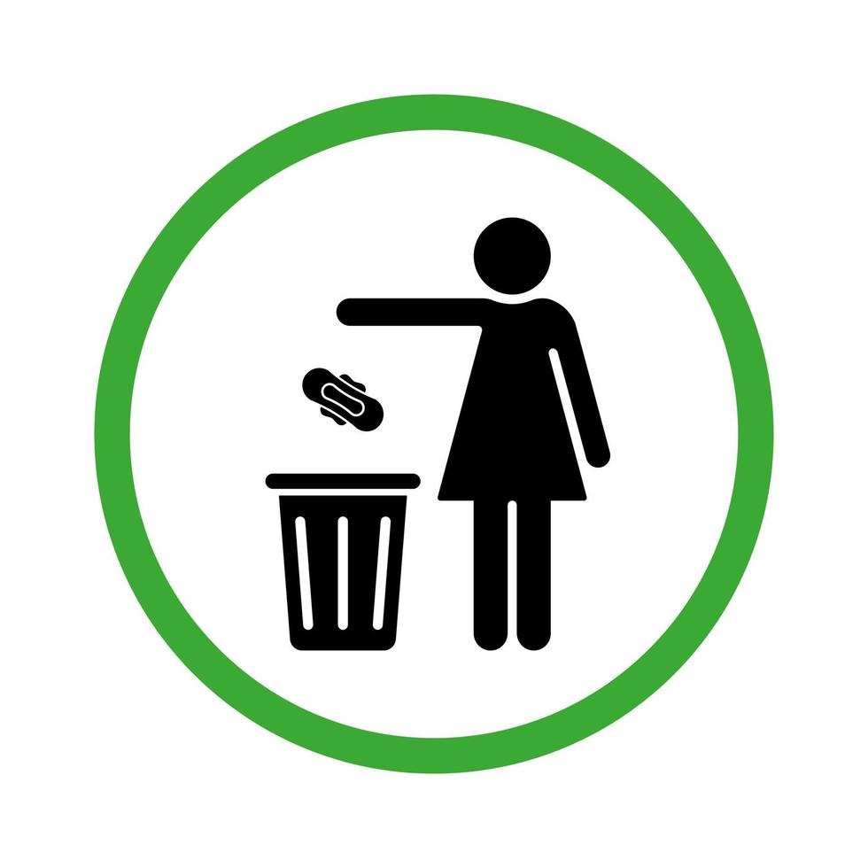 Woman Please Only Throw Litter in Bin Silhouette Icon. Allowed Throw Napkin, Paper, Pads, Towel in Waste Basket Symbol. Glyph Pictogram. Keep Clean Icon. Isolated Vector Illustration.