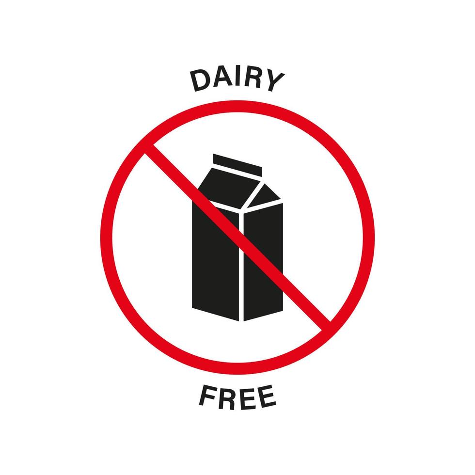 icono negro de silueta libre de lácteos. señal de parada de productos lácteos, solo comida saludable. símbolo prohibido de lactosa de leche de vaca. logotipo de dieta láctea gratis. sin ingrediente de alergia a la intolerancia a la lactosa. ilustración vectorial aislada. vector