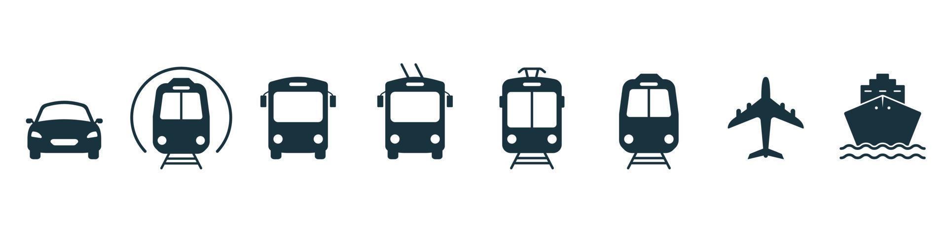 iconos de silueta de transporte. pictograma de transporte aéreo, automático, ferroviario. Señal de parada de la estación para el icono del transporte público. icono de camión, autobús, tranvía, tren, metro, avión y barco en la vista frontal. ilustración vectorial vector