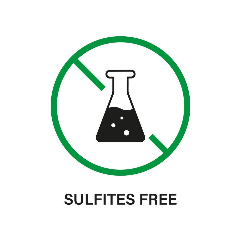 señal de stop libre de sulfitos. sin etiqueta de sulfitos. producto no icono de silueta de sulfato. ingredientes naturales, prohibición del logotipo de sulfito. matraz, tubo de ensayo símbolo químico prohibido. ilustración vectorial aislada. vector