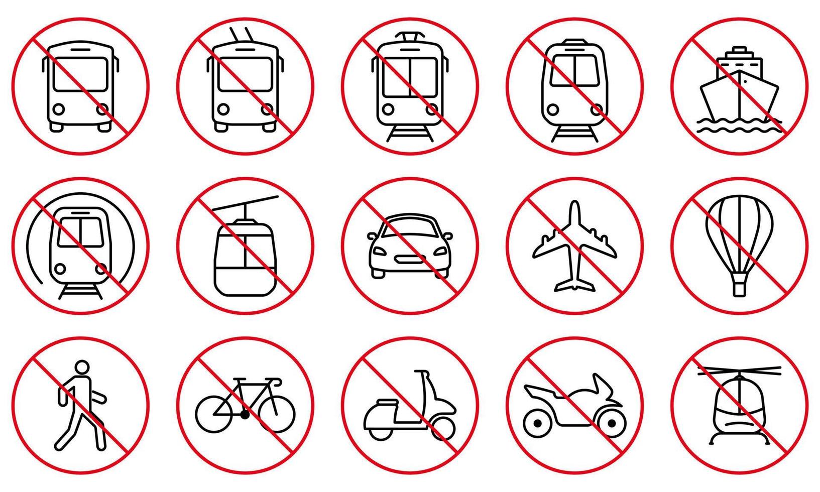 Ban Train, Trolley, Vehicle Car, Motorcycle, Tram, Bicycle, Shuttle Bus, Bike Station Black Line Icon Set. Prohibited Road Red Stop Sign. Transport Forbidden Pictogram. Isolated Vector Illustration.