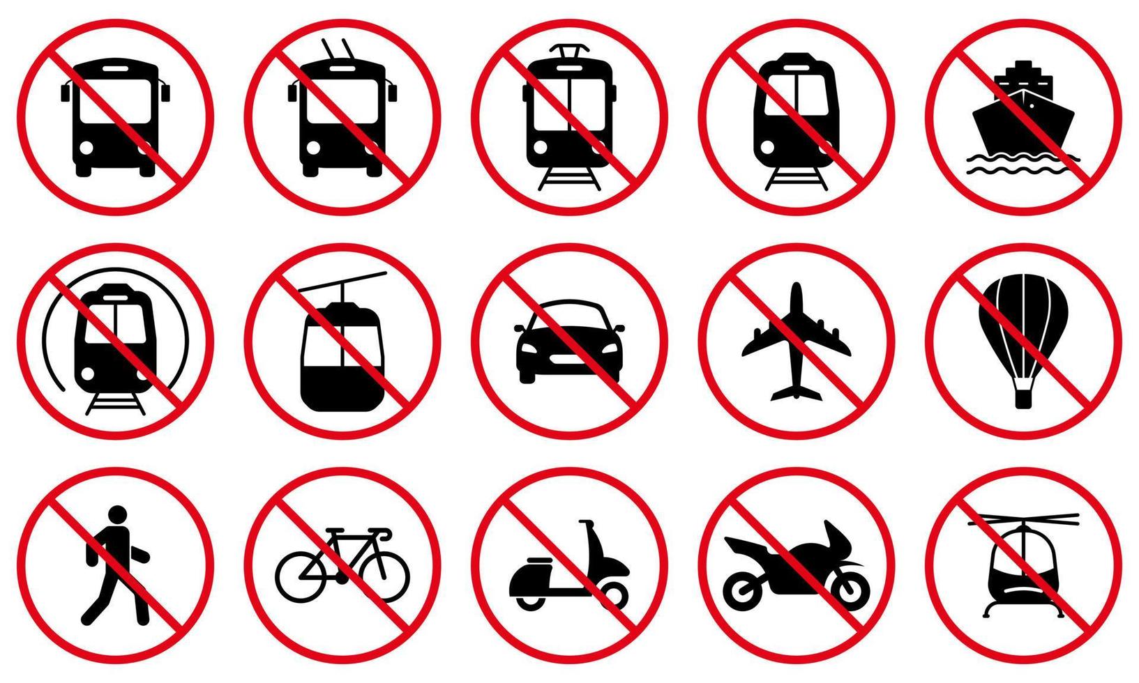 Ban Transport Black Silhouette Icon Set. Forbidden Vehicle Car, Train, Bicycle, Trolley, Shuttle Bus, Tram, Bike, Motorcycle Pictogram. Prohibited Road Red Stop Symbol. Isolated Vector Illustration.
