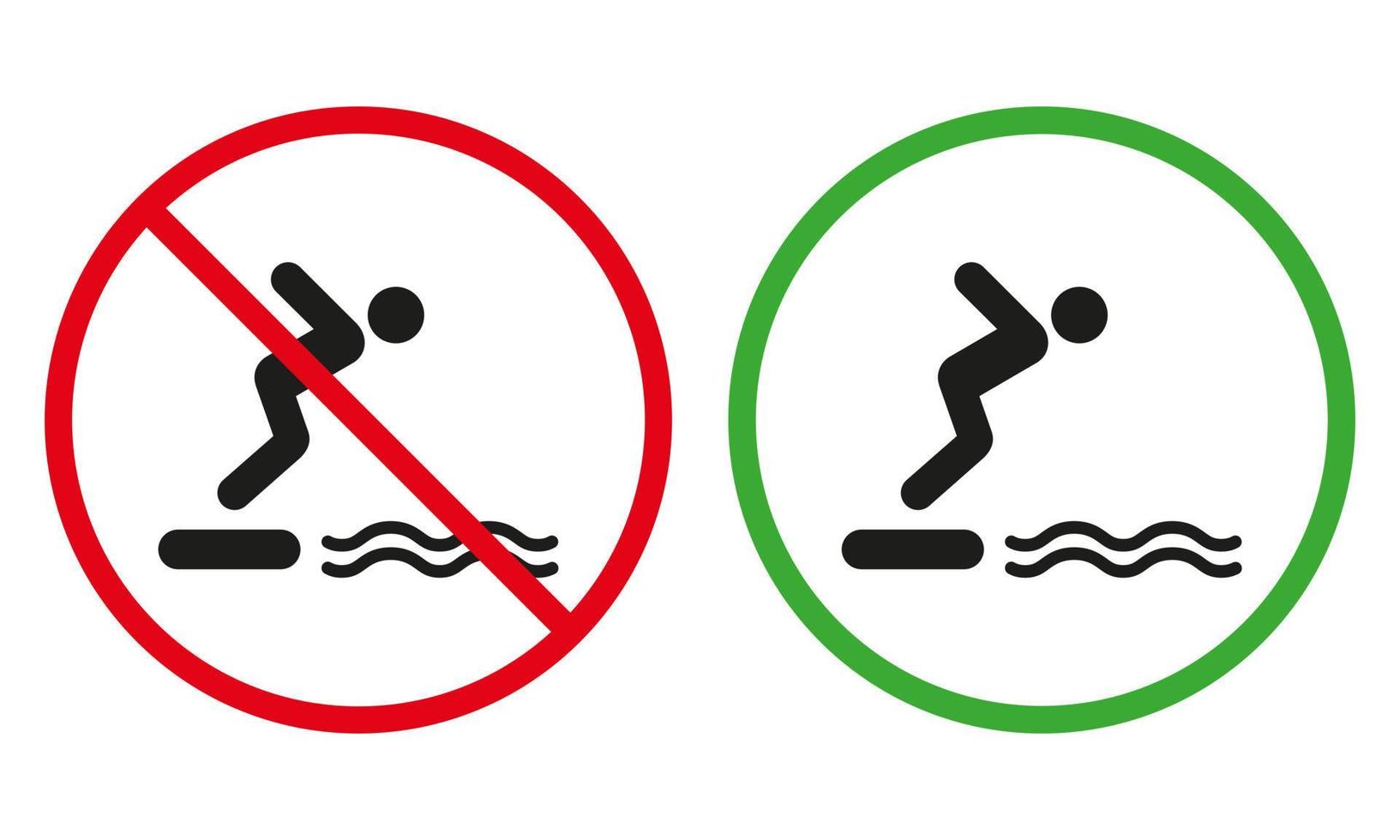 prohibir el símbolo de parada roja de buceo. Señal verde de aviso de agua de buceo permitida. Precaución bucear en el pictograma de la piscina. símbolo de peligro de información para el icono de silueta negra de nadador. ilustración vectorial aislada. vector