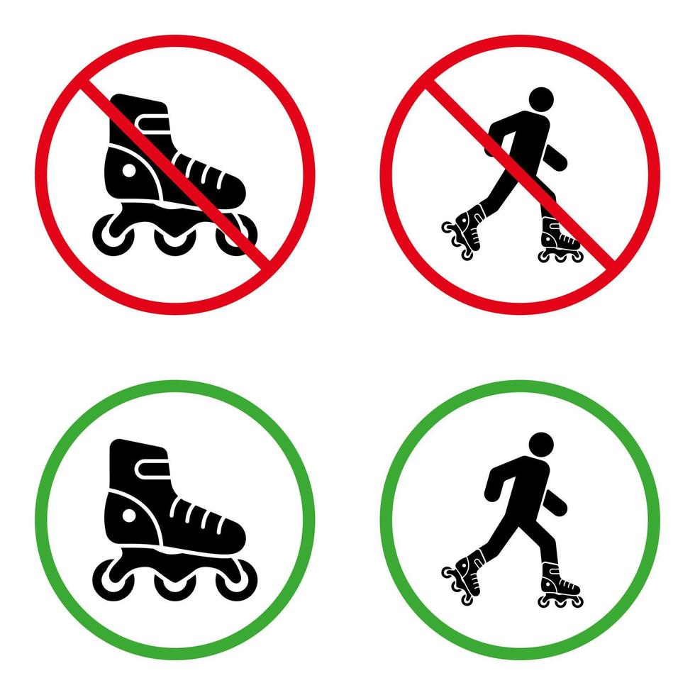 hombre en patines pictograma prohibido. precaución permitida en el símbolo verde del patín. no hay señal de patinaje. permitir la entrada con el conjunto de iconos de silueta negra de transporte ecológico. ilustración vectorial aislada. vector