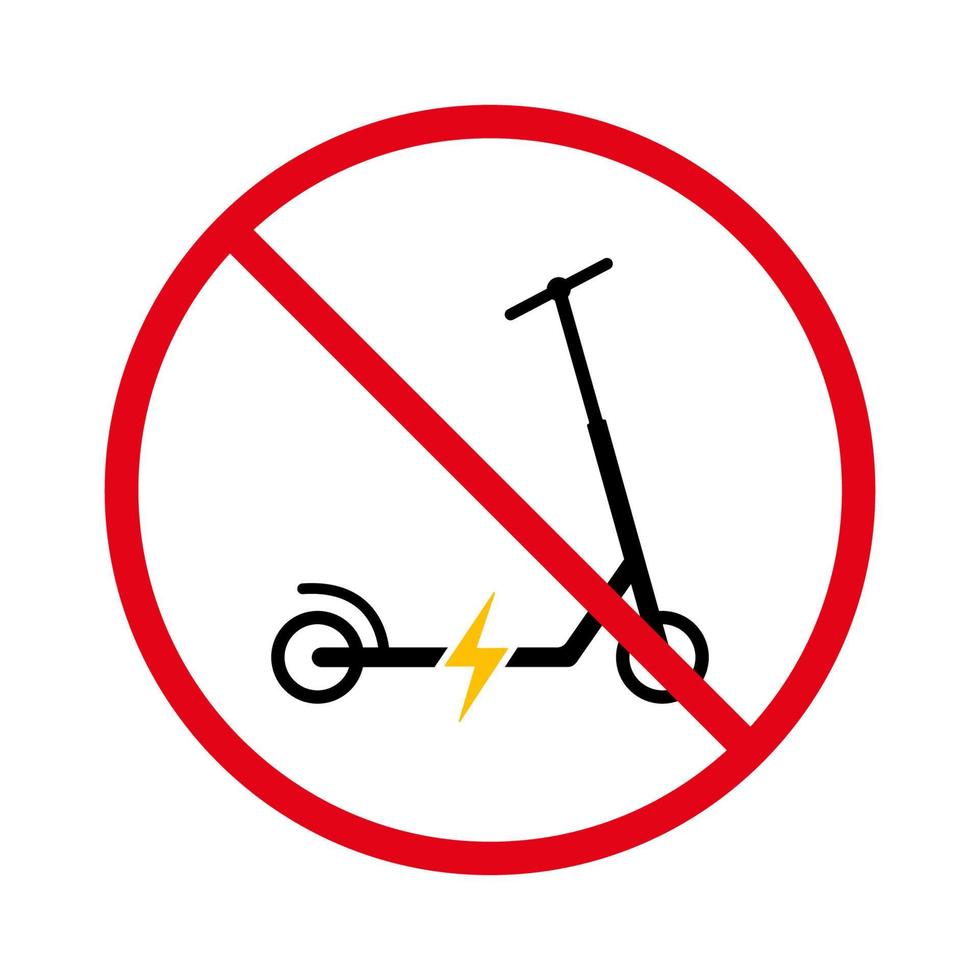 prohibir el patinete electrónico icono de silueta negra. Prohibir el pictograma de patinete eléctrico. símbolo de parada roja de transporte de electricidad. no se permite la señal de bicicleta de rueda de empuje. ilustración vectorial aislada. vector
