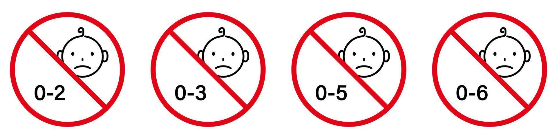 Forbidden Child Under Age Pictogram. Danger Kid Game Stop Symbol. Toy Not Suitable for Kid Black Silhouette Icon Set. No Allowed Baby Sign. Prohibited 2 3 4 5 Year. Isolated Vector Illustration.
