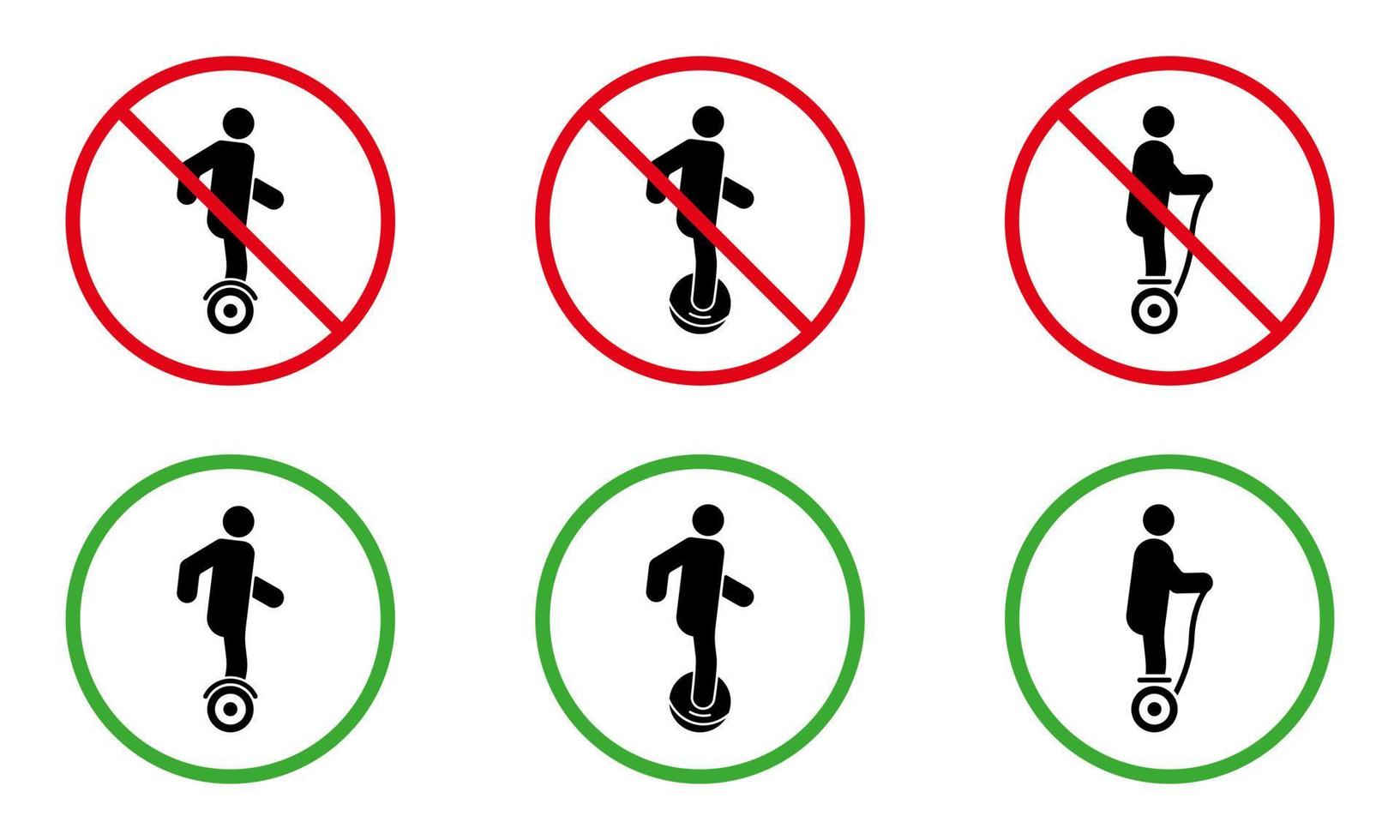 Prohibir el conjunto de pictogramas de giroscooter aerotabla de monociclo eléctrico. prohibir el icono de transporte de peligro. símbolo de tablero flotante de advertencia. no se permite el signo de scooter giroscópico. prohibir monorrueda. ilustración vectorial aislada. vector