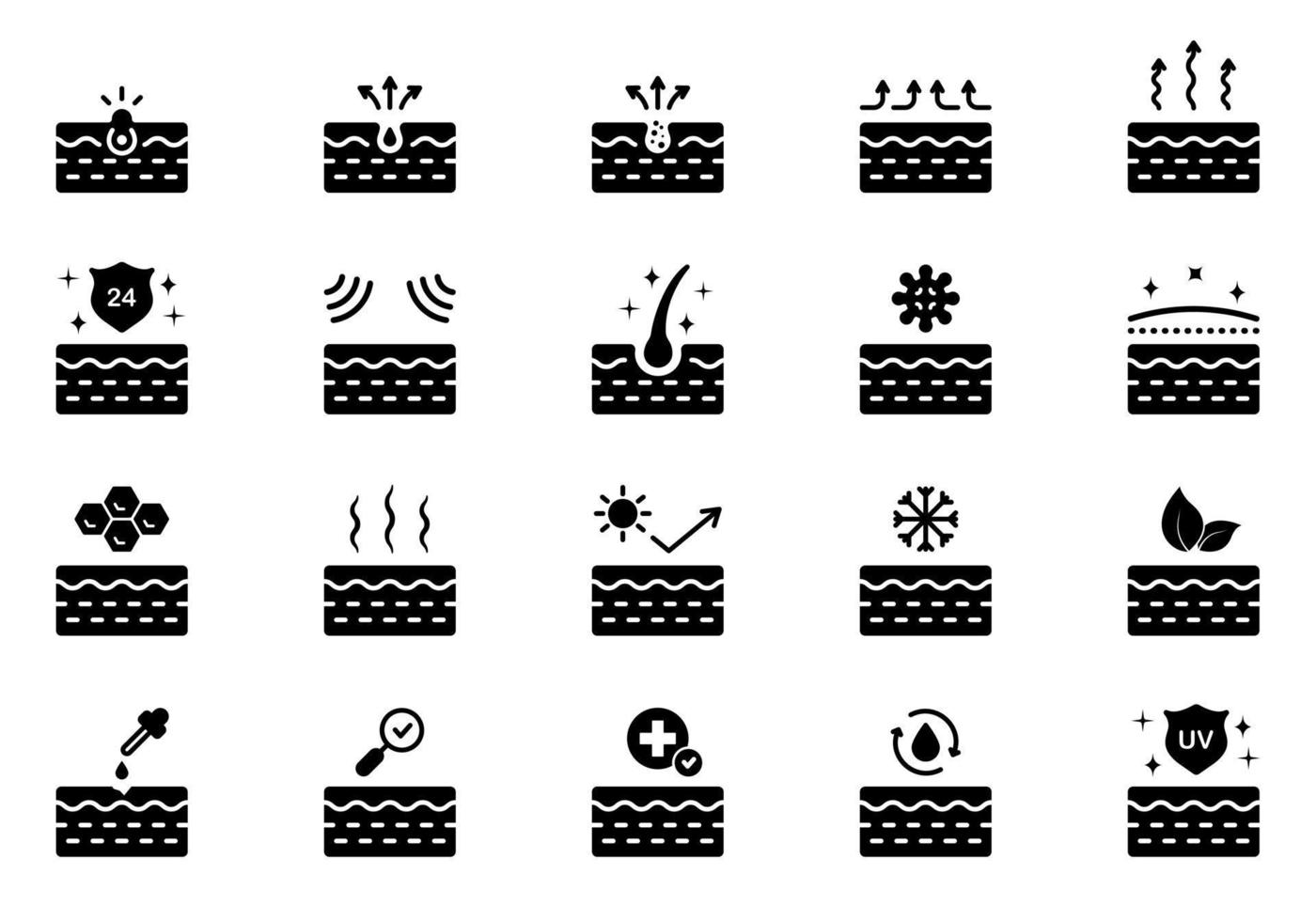Skin Care Concept Silhouette Icon. Moisture, Cleansing Pore, UV Protect Face or Body Skin Black Pictogram. Cold, Protection, Health, Pimple Skin Icon. Isolated Vector Illustration.