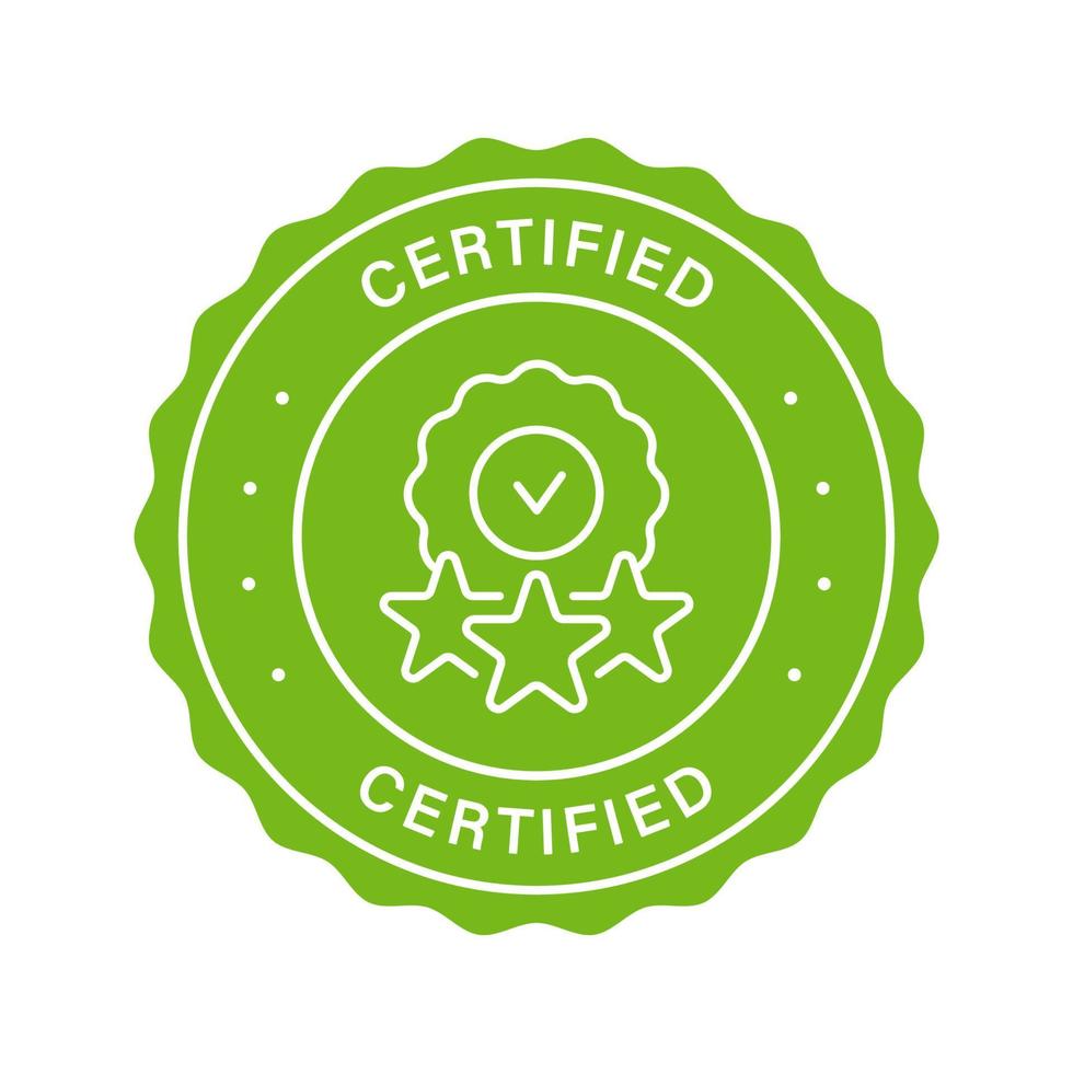 Certificate Good Quality Product Stamp. Safety Certified Green Label. Certify Control Sticker. Verified Symbol. Authorized Safe Sign. Certificate Guarantee Origin Seal. Isolated Vector Illustration.