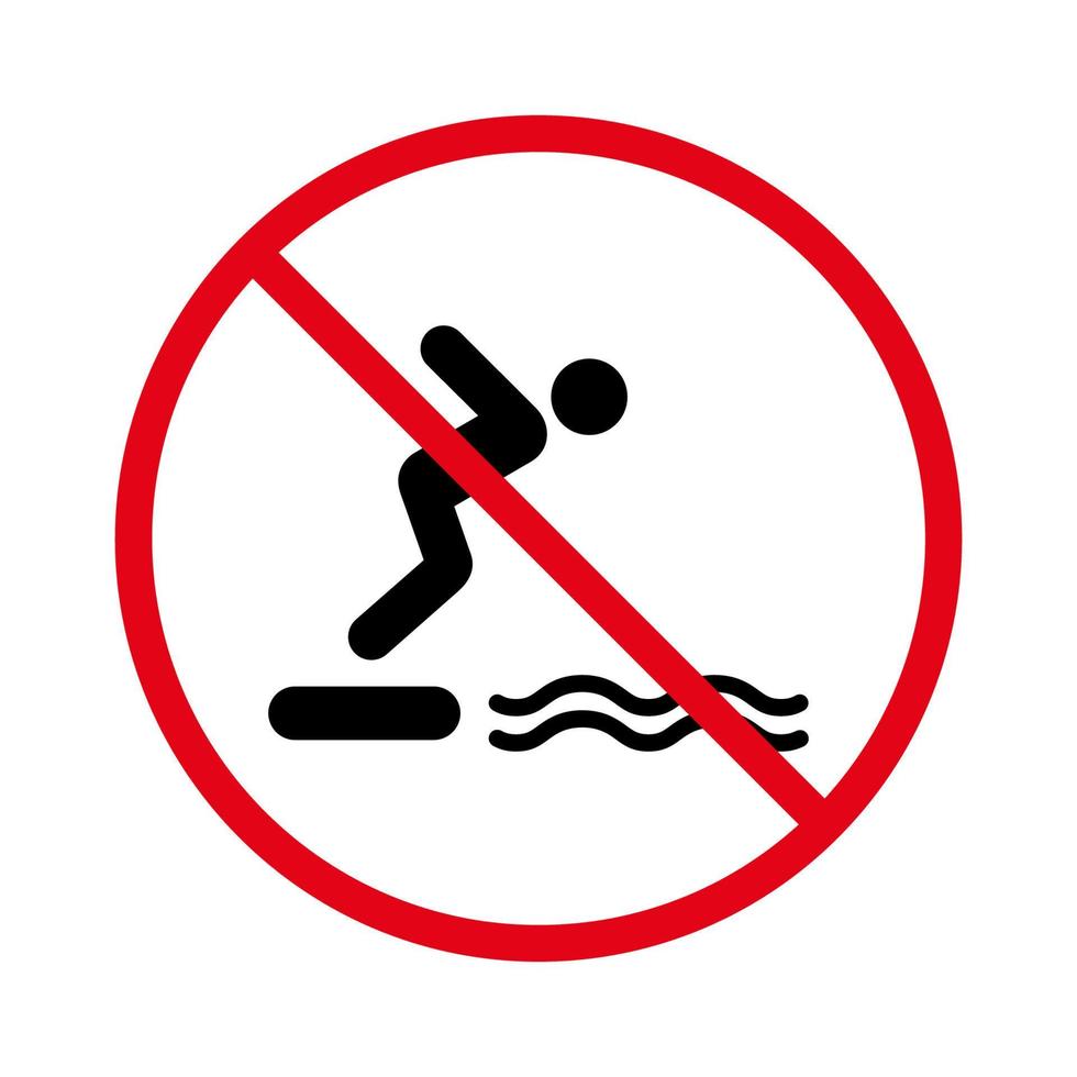 Observe que no se permite bucear en el letrero de agua. precaución prohibido bucear en el pictograma de la piscina. información peligro hombre nadador silueta negra icono. símbolo de parada roja de buceo prohibido. ilustración vectorial aislada. vector