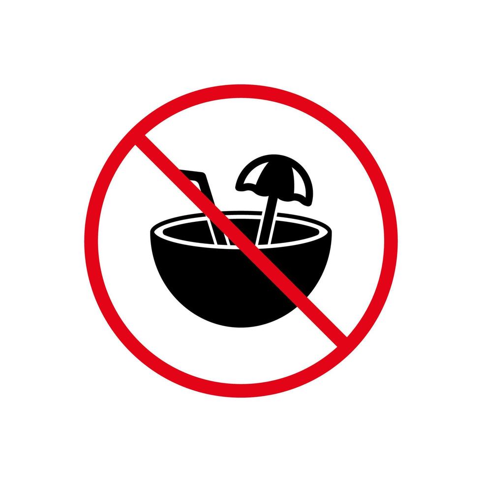 No Summer Coconut Cocktail Black Silhouette Icon. Forbid Coco Drink Umbrella and Straw Pictogram. Prohibit Zone for Tropical Alcohol Red Stop Symbol. Ban Beach Bar Sign. Isolated Vector Illustration.