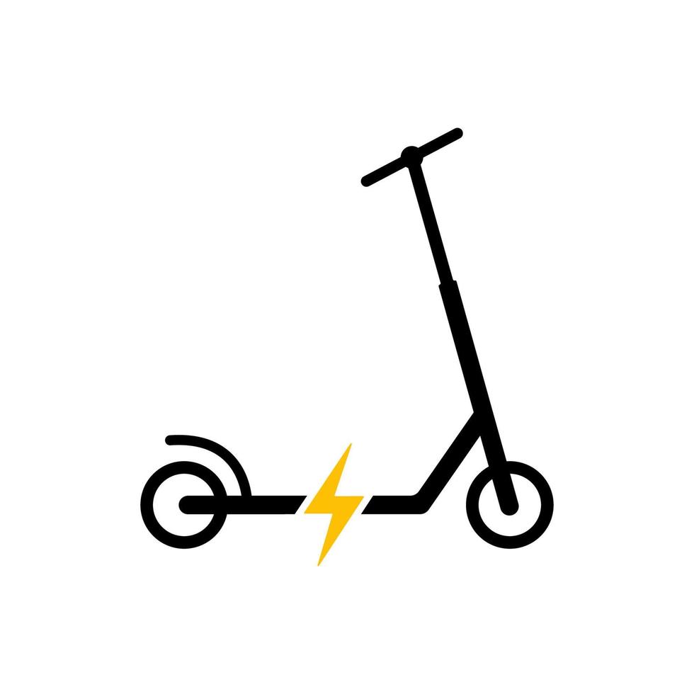 Símbolo plano de patinete de patada de batería de electricidad. mango ecológico y transporte. icono de silueta negra de patinete electrónico. Pictograma de glifo de bicicleta de rueda de empuje de energía eléctrica. ilustración vectorial aislada. vector