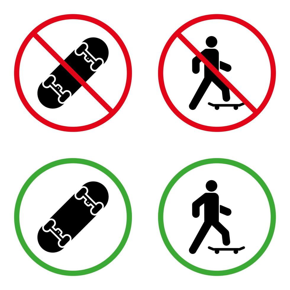 hombre en patineta pictograma prohibido. persona permitida en el símbolo del círculo verde de la tabla de skate. no hay señal de skate. entrada con conjunto de iconos de silueta negra de transporte ecológico. ilustración vectorial aislada. vector