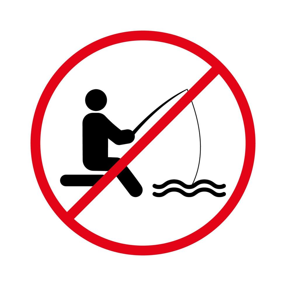 prohibir el pictograma de la zona de pesca. prohibir al pescador con icono de silueta negra de caña de pescar. prohibir atrapar peces del lago símbolo de parada roja. no se permite el signo de recreación del pescador. ilustración vectorial aislada. vector