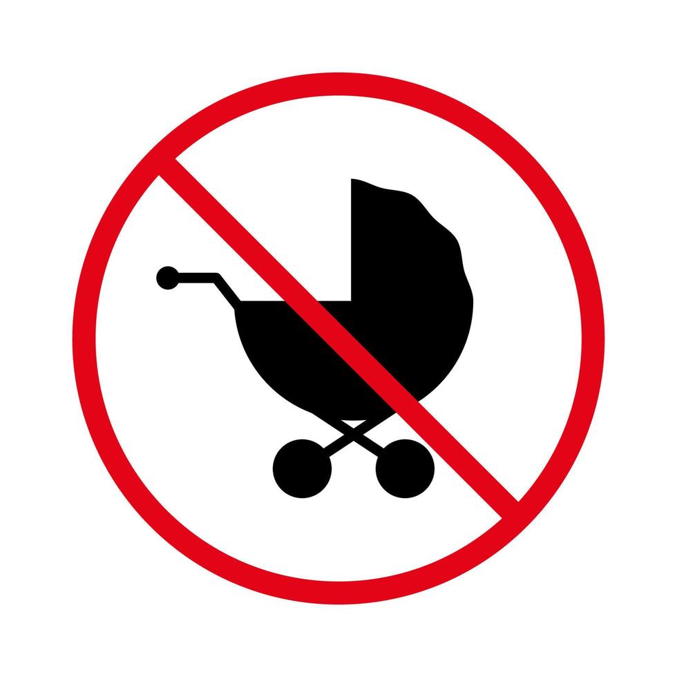 prohibir el icono de la silueta negra del cochecito de niño nacido. pictograma de prohibición de maternidad de zona de peligro. símbolo de círculo rojo de parada de carro de bebé prohibido. No se permiten señales de cochecito para el cuidado de recién nacidos. ilustración vectorial aislada. vector