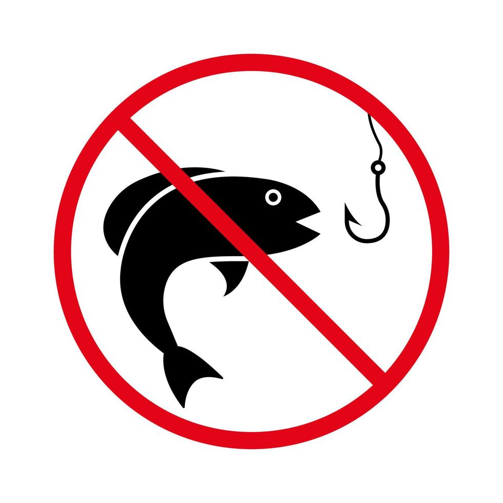 Forbidden Fish Sea Pictogram. Prohibited Fishing Seafood Red Stop Circle Symbol. Fishing Ban Place Black Silhouette Icon. No Allowed Fishing in Lake and Park River Sign. Isolated Vector Illustration.