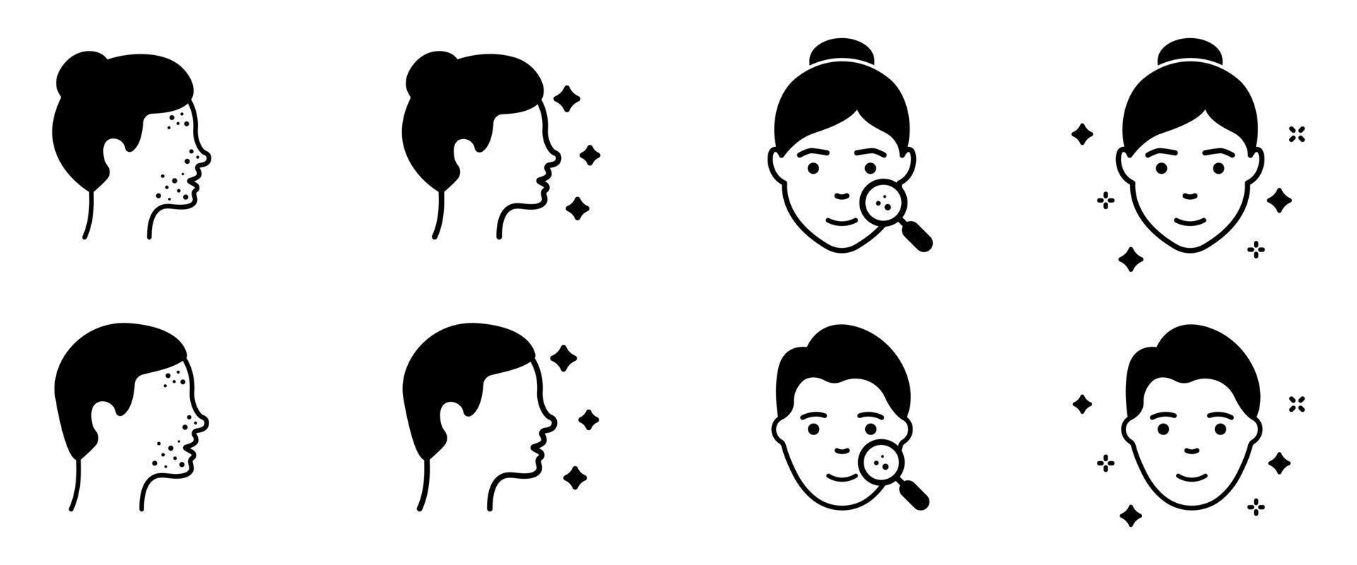 Woman and Man Faces Silhouette Icon. Pimples on Face, Blackhead, Acne, Rash Black Icon Set. Girl and Boy with Beauty Face. Dermatologic Problem, Allergy, Inflammation Skin. Vector Illustration.