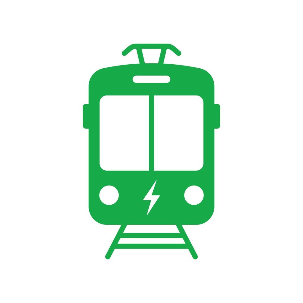 icono verde de silueta de tranvía eléctrico. señal de estación de parada para pictograma de glifo de transporte público eléctrico ecológico. tranvía ecológico en el icono de la vista frontal. símbolo de tranvía ecológico. ilustración vectorial aislada. vector