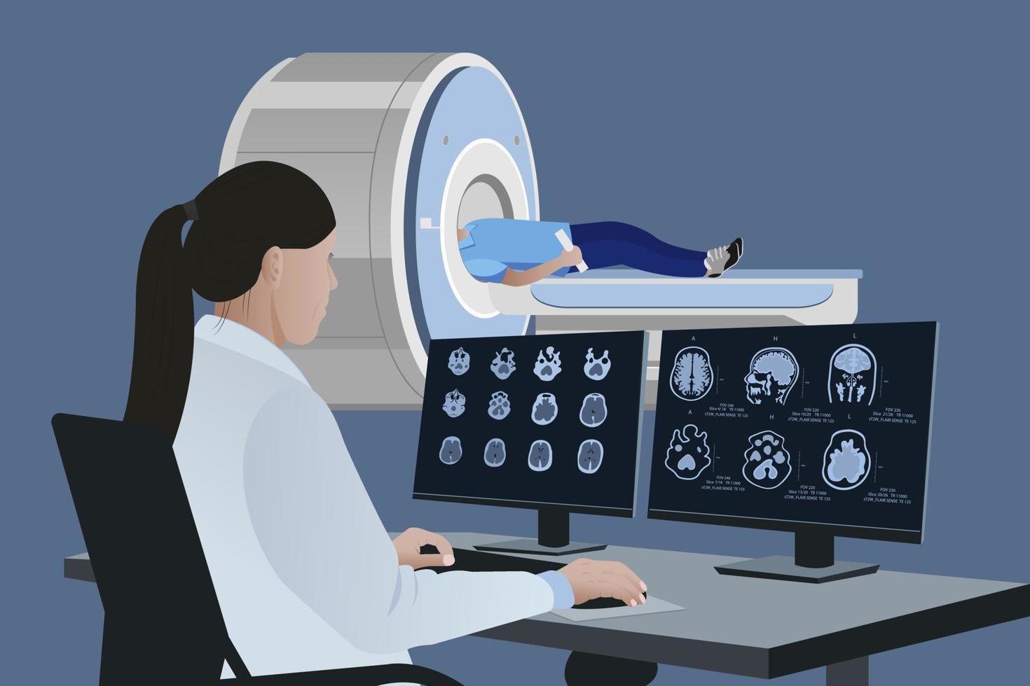 A radiologist analyzes the results of a patient's brain MRI on a computer monitor. Diagnosis of brain diseases in a doctor examining magnetic resonance imaging . vector