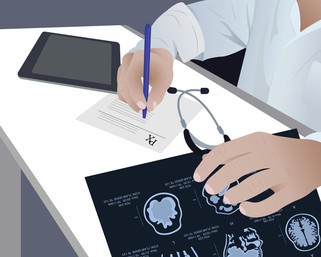 A radiologist analyzes the results of a patient's brain MRI on a computer monitor. Diagnosis of brain diseases in a doctor examining magnetic resonance imaging vector