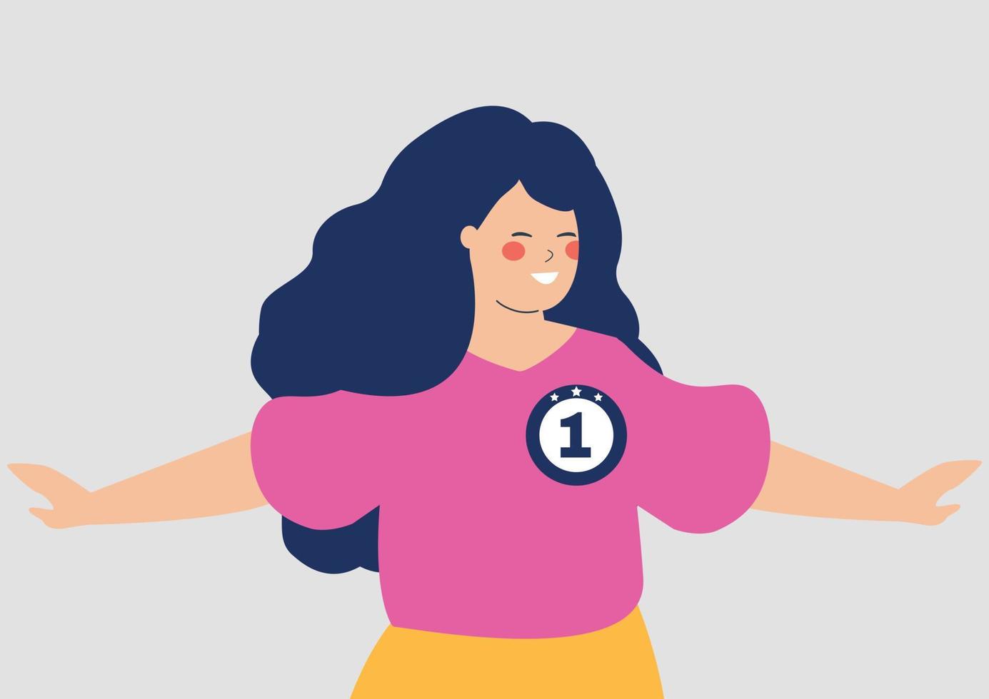 Happy woman celebrating her victory with open arms. Young athlete with first place medal on the podium. Sports events concept. Isolated vector illustration